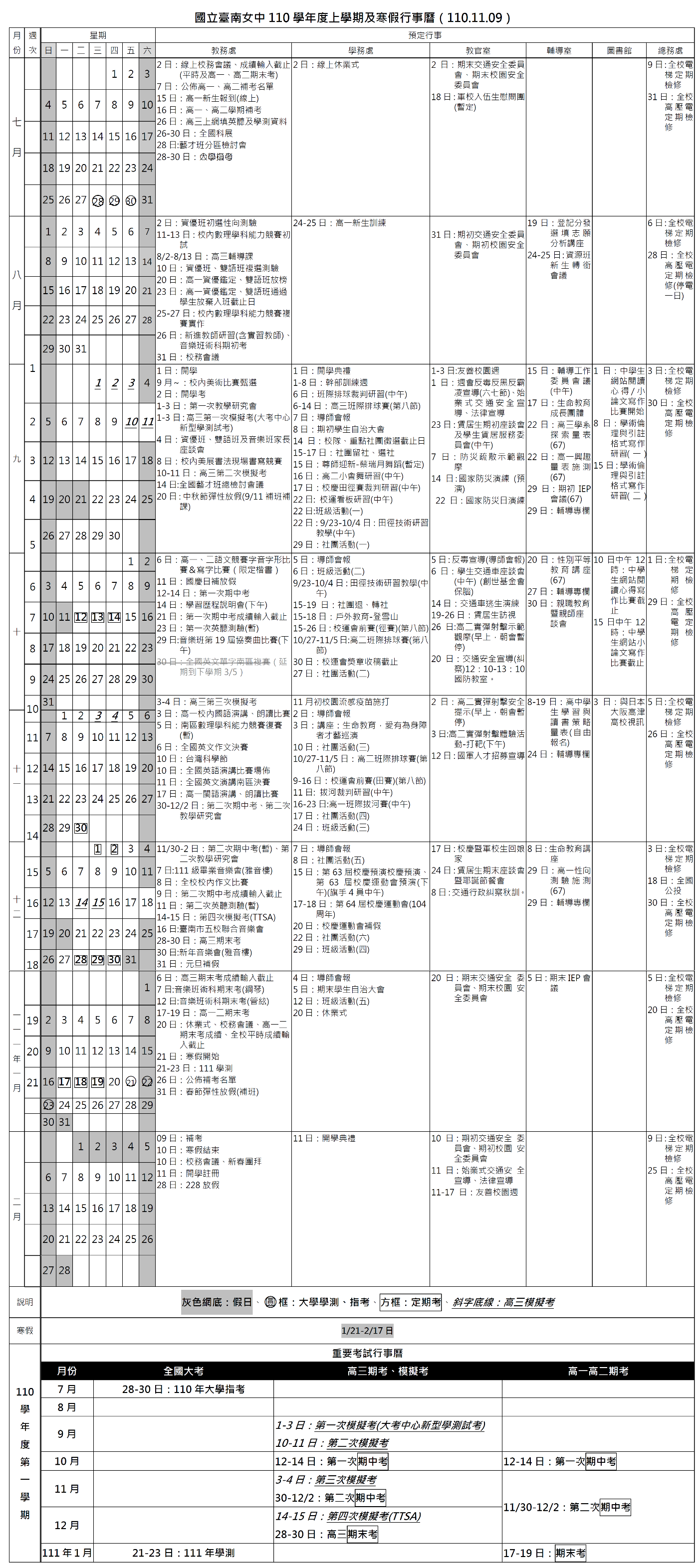 110-1學期行事曆